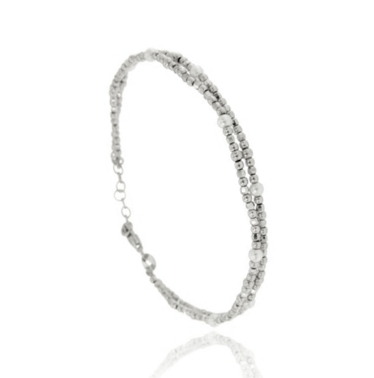 BRACCIALE A 2 FILI CON SFERE DIAMANTATE E PERLINE IN ARGENTO RODIATO TIT 925‰ CM 17-20