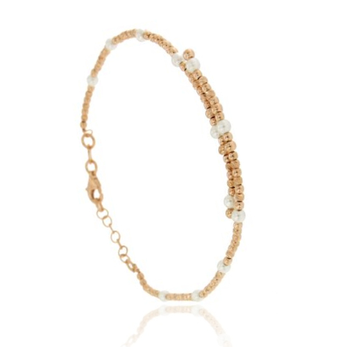 BRACCIALE CON SFERE DIAMANTATE E PERLINE IN ARGENTO TIT 925 CM 17-20
