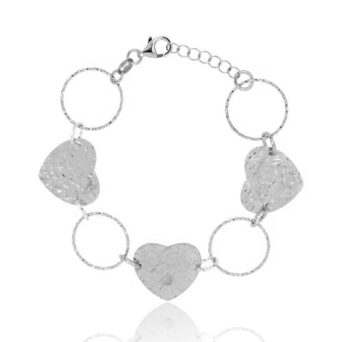 BRACCIALE ROLO' CON CUORI MARTELLATI E CERCHI DIAMANTATI IN ARGENTO RODIATO TIT 925‰ CM 18