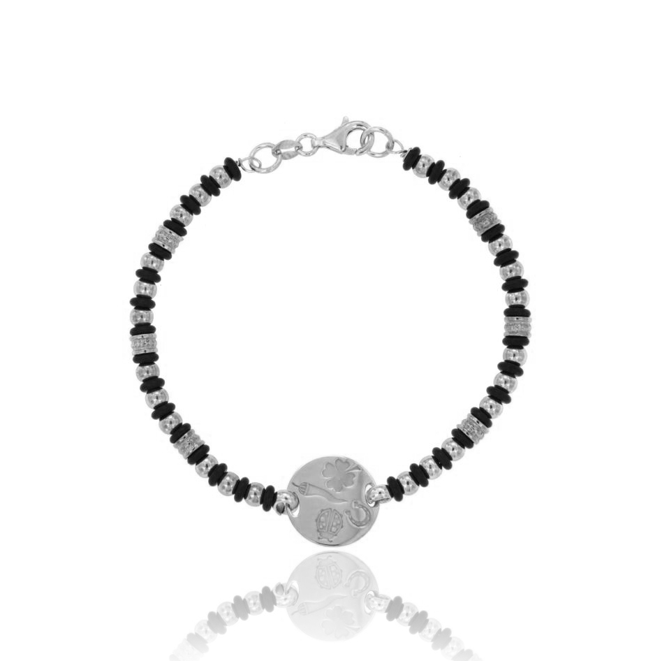 BRACCIALE ALTERNATO SFERE E ONICE CON TRAMEZZO TONDO MM 16 CON SCARAMANTICI INCISI IN ARGENTO TIT 925