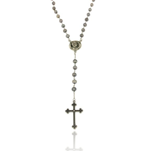 COLLANA ROSARIO CON SFERE PERLA GRIGIA MM 6 CON MONETA E CROCE IN ARGENTO BRUNITO TIT 925‰ CM 70
