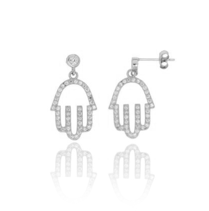 ORECCHINI PENDENTI MANO DI FATIMA CON PAVE' DI ZIRCONI IN ARGENTO RODIATO TIT 925‰