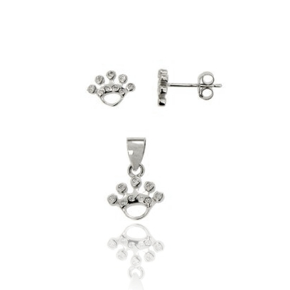 PARURE ORECCHINI E CIONDOLO CORONA CON PAVE' DI ZIRCONI IN ARGENTO RODIATO TIT 925‰