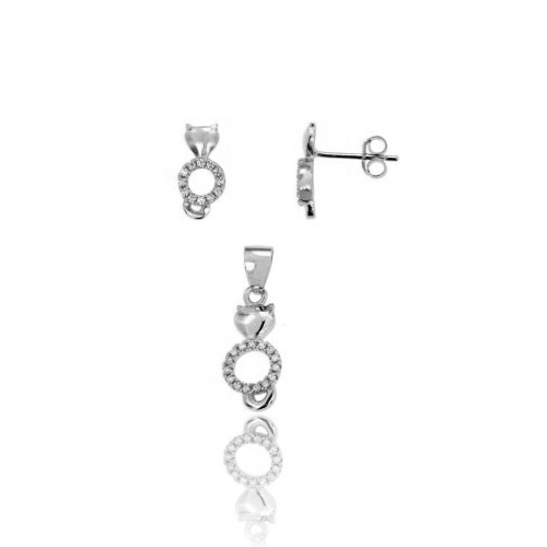 PARURE ORECCHINI E CIONDOLO GATTINO CON PAVE' DI ZIRCONI IN ARGENTO RODIATO TIT 925‰