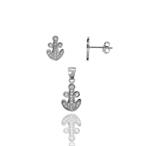 PARURE ORECCHINI E CIONDOLO ANCORA CON PAVE' DI ZIRCONI IN ARGENTO RODIATO TIT 925‰
