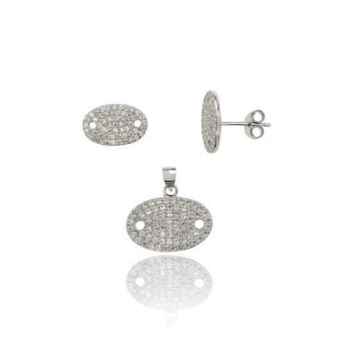 PARURE ORECCHINI E CIONDOLO VISINO OVALE CON PAVE' DI ZIRCONI IN ARGENTO RODIATO TIT 925‰