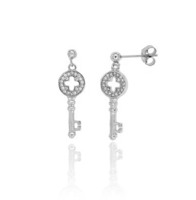 ORECCHINI PENDENTI CON CHIAVE IN ARGENTO RODIATO TIT 925‰ E ZIRCONI