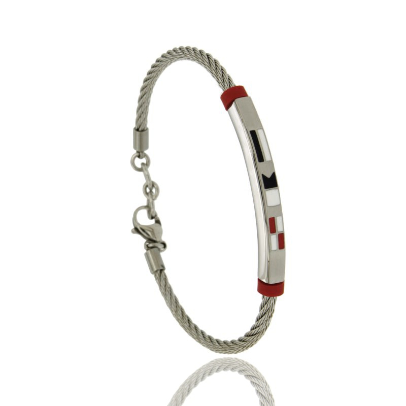 BRACCIALE IN CORDA DI ACCIAIO MM 3 E TARGA MM 4 CON BANDIERINE SMALTATE, CON INSERTI IN CAUCCIU' ROSSO