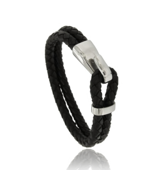 BRACCIALE DOPPIO CUOIO INTRECCIATO TESTA DI MORO MM 11 CON CHIUSURA AD AMO IN ACCIAIO