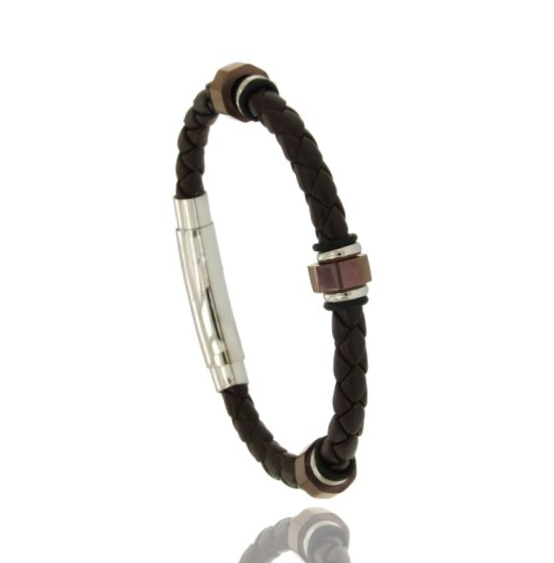 BRACCIALE IN CUOIO INTRECCIATO MARRONE TUBOLARE CON INSERTI PLACCATI ORO ROSA