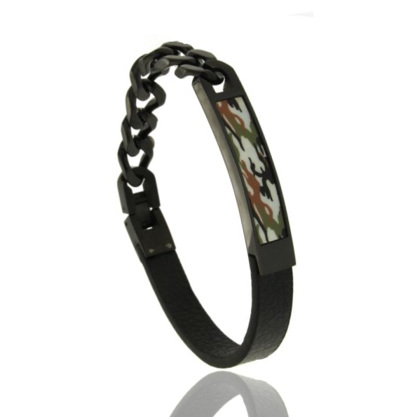 BRACCIALE IN CUOIO E GRUMETTA PLACCATA RUTENIO CON TARGA TIPO MILITARE SMALTATA