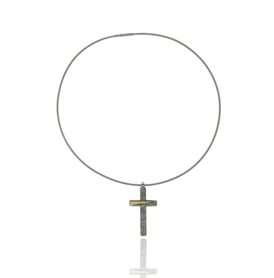 CIONDOLO CROCE IN ACCIAIO MM 40X21 ZIRCONI CELESTI E ORO TIT. 75% CON FILO IN ACCIAIO MM 2 CM 40