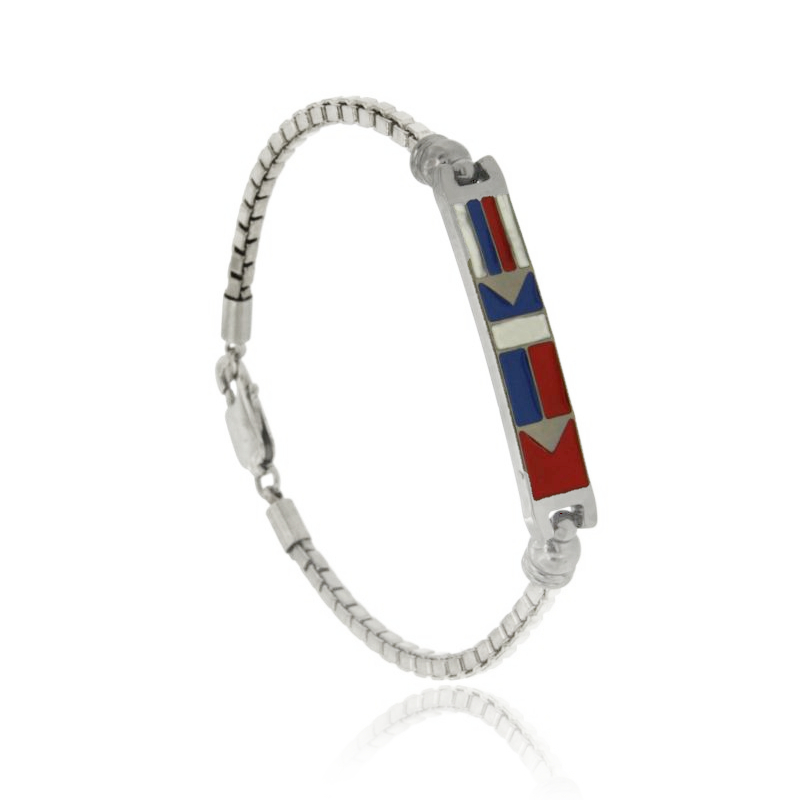 BRACCIALE VENEZIANA IN ACCIAIO CON TARGA MM 8 PLACCATA RUTENIO CON BANDIERE SMALTATE