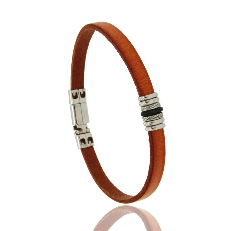 BRACCIALE IN CUOIO COLORE ARANCIO CON INSERTI E CHIUSURA IN ACCIAIO