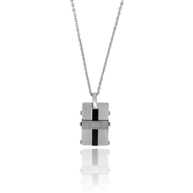 CIONDOLO RETTANGOLARE MM 21X19 CON INSERTI PLACCATI RUTENIO E ZIRCONE BIANCO E CATENA FORZATINA CM 50