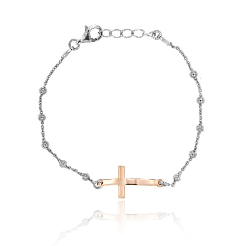 BRACCIALE CON CROCE IN ARGENTO RODIATO E PLACCATO ORO ROSA TIT 925