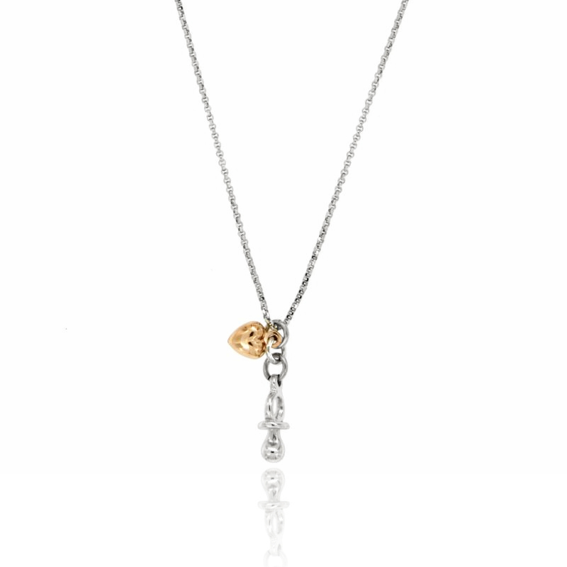COLLANA ROLO' CON CUORE E CIUCCIOTTO PENDENTE IN ARGENTO RODIATO E RAMATO TIT 925‰ CM 40-45