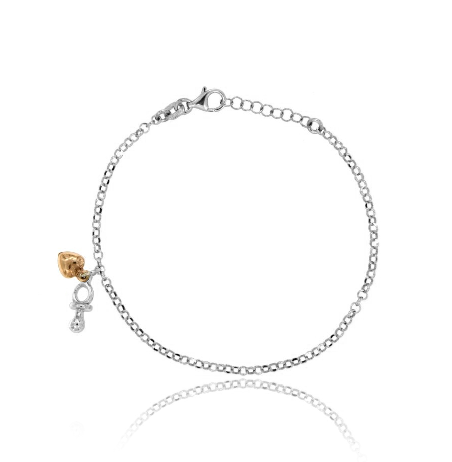 BRACCIALE ROLO' CON CUORE E CIUCCIOTTO PENDENTE IN ARGENTO RODIATO E RAMATO TIT 925‰ CM 18-20